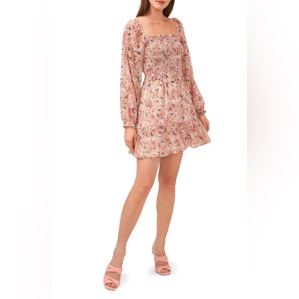 1.STATE Smocked Square Neck Long Sleeve Dress - Pink Flower size XL